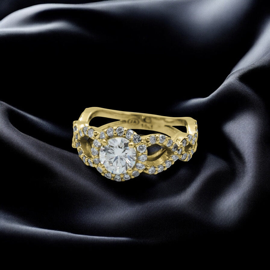 Diamond halo ring with infinity band